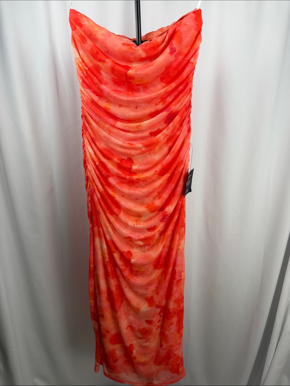 Lulu’s Orange Coral Floral Ruched Mesh Maxi Dress Size Medium NWT